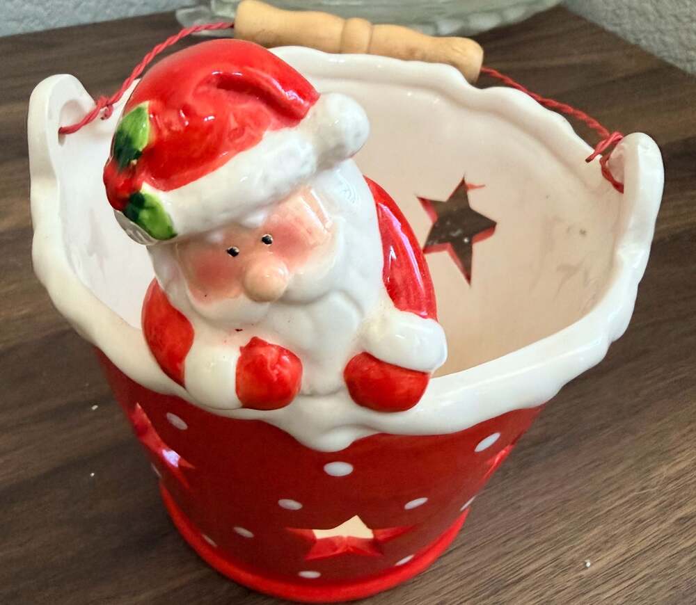 Vintage Ceramic Christmas Santa Claus Star Cutout Bucket or Candy Dish with Wood